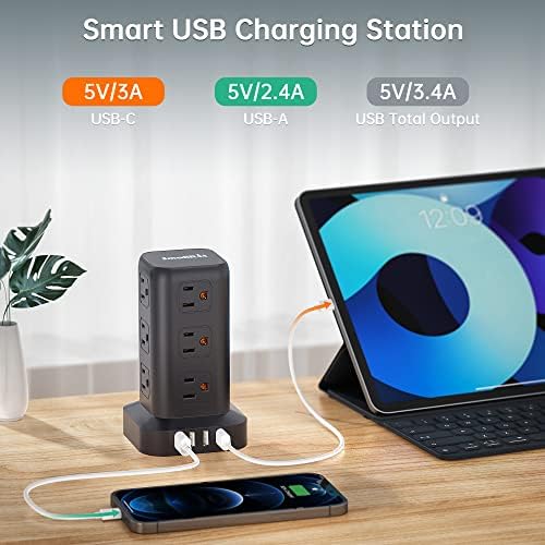 15 FT USB C Surge Protector Power Tower with 12 AC Outlets & 4 Rapid Charging USB Ports – Ultimate Overload Protection for Home and Travel Efficiency – Compact, Versatile Charging Solution for Modern Devices