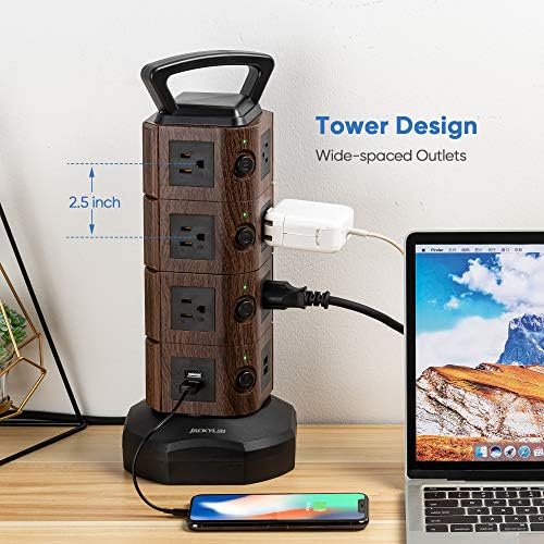 JACKYLED Power Strip Tower Surge Protector with 12 Outlets and 6 USB Ports (2 USB-C) – High-Speed Charging Station with 1050 Joules Protection, 1625 Watts, 6.5 ft Extension Cord for Enhanced Home Office Efficiency and Device Safety
