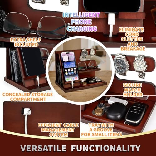 Wood Phone Docking Station Key Holder Stand Watch Organizer Men Gift Husband Wife Anniversary Dad Birthday Nightstand Purse Father Graduation Male Travel Idea Gadgets – Enhanced Compatibility and Speed