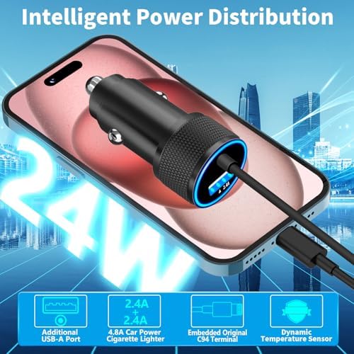 Rombica 105 W MFi Certified Dual USB-C & USB-A Fast Car Charger for i Phone 16 Pro Max – Ultimate Portable Power Solution with 6 FT Coiled Type-C Cable for Rapid Charging on the Go, Perfect for Road Trips and Daily Commuting