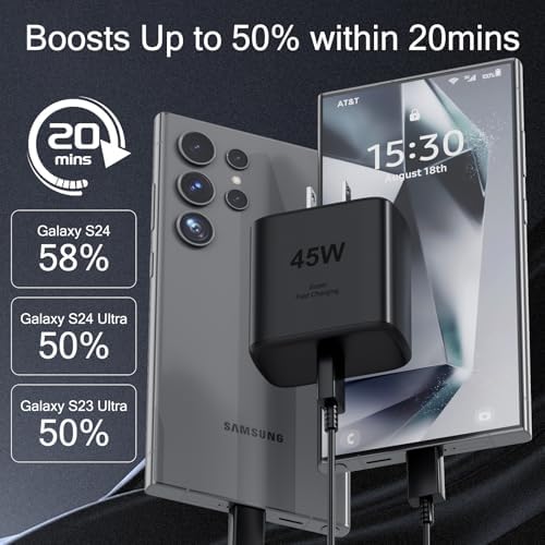 Samsung 45 W Ultra-Fast USB-C Charger with 6 ft Cable – Efficient Power Delivery for Galaxy S25/S24/S23/S22/S21/Note 10/Tablets – Compact, Travel-Friendly Design with Advanced Safety Features for Optimal Charging Performance