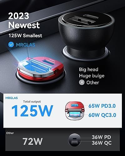 MRGLAS 125 W USB-C Car Charger – Sleek Dual Port Fast Charging Adapter with PD65 W & QC60 W for i Phone 16, 15 Pro Max, Samsung S25 & Mac Book – Compact Metal Design for Optimal Performance on the Go