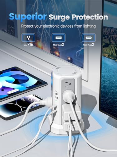 Revolutionize Your Charging Experience: 10 FT Surge Protector Power Strip Tower with 16 Outlets & 4 USB Ports – Efficient Desk Charging Station for Home, Office, or Dorm Room – Ultimate Space-Saving Solution with Robust 1625 W Power Output and Enhanced Safety Features