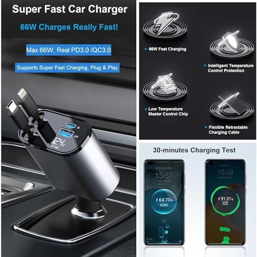Ultimate 4-in-1 Retractable Car Charger – Fast 66 W USB C & Lightning Adapter for i Phone 15/14/13/12 Pro Max, Galaxy S24/S23, Pixel & Tablets – Compact, Durable Multi-Device Charging Solution for Road Trips and Daily Commutes