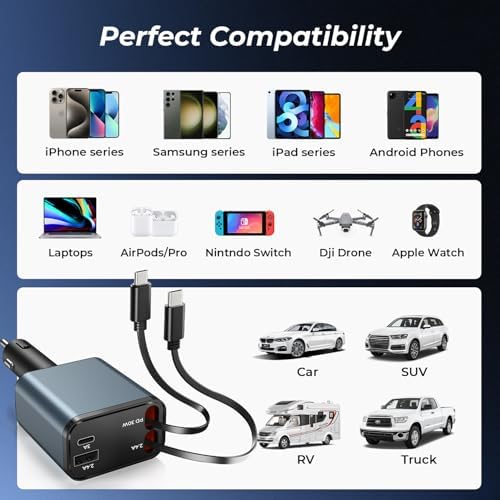 Dual-Port Retractable 4-in-1 Car Charger Set – Fast Charge i Phone and USB-C Devices with 2.6 ft Cords – Essential Gray Adapter for Men and Women – Perfect Travel Companion and Gift for Efficient Charging on the Go