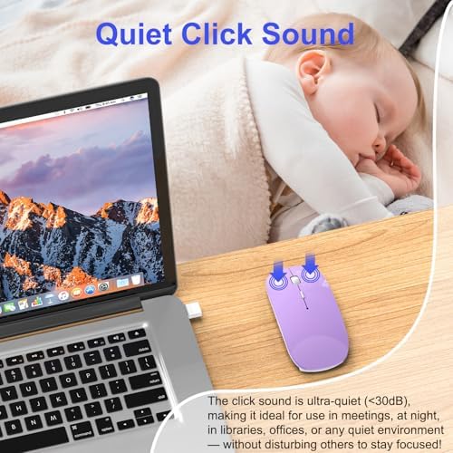 Versatile Wireless Bluetooth Mouse for Mac Book Air, Mac Pro, & i Pad – Sleek Rechargeable Silent Mouse with Dual Connectivity (USB-C & 2.4 G) – Travel-Friendly Jiggler Mice Mover in Stylish Purple – Perfect for Professionals & On-the-Go Users