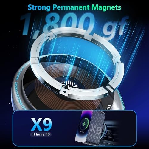 Mag Safe Car Charger with Mini Fan – 15 W Fast Wireless Charging Holder for i Phone 12-16 Models – 360° Rotating Magnetic Mount for Enhanced Usability and Overheating Prevention – Ultimate Driving Accessory