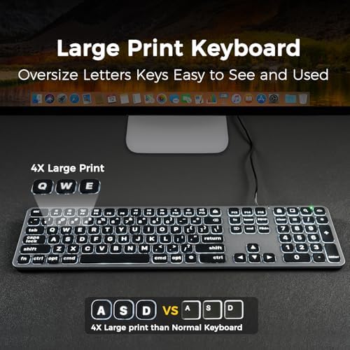 Illuminate Your Typing Efficiency with the Large Print Backlit Keyboard for Mac – Dual Interface, Ergonomic Low-Profile Design for Quiet, Precise Input, Full-Size Layout with Numeric Keypad for Enhanced Productivity, Perfectly Compatible with Mac Book Air/Pro and i Mac, Ideal for Day or Night Use