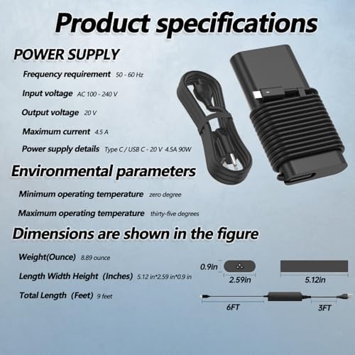90 W Type C USB-C Laptop Charger for Dell | Turbo Fast Charging Adapter for XPS 13, Precision 3540 & Latitude Series | Sleek, Portable Design for Home & Office Use | Superior Durability with Enhanced Safety Features