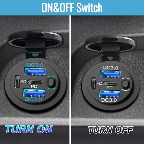 12 V Waterproof USB Charger with 4 Quick Charge 3.0 Ports – Essential Multi-Port Outlet for Marine, RV, Motorcycle & Golf Cart – Reliable Power Solution with Integrated Switch for Enhanced Device Compatibility