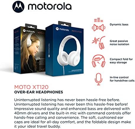 Motorola Sound Moto XT120 Wired Over-Ear Headphones – Immerse Yourself in Dynamic Bass with Foldable Convenience, Adjustable Comfort, and Built-in Microphone for Effortless Calls – Universal 3.5 mm Compatibility and Chic White Finish for Style and Functionality – Your Ultimate Audio Companion for Every Occasion
