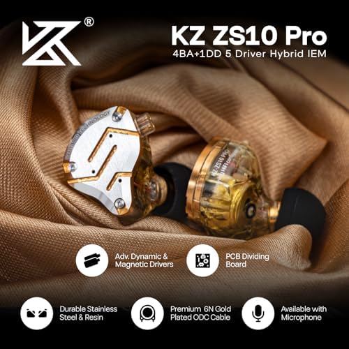 Linsoul KZ ZS10 Pro Hybrid IEM Earbuds – 4 BA + 1 DD High-Fidelity Wired In-Ear Monitors with Stainless Steel Faceplate and Detachable Cable, Ideal for Musicians and Gamers with Built-in Mic, Unmatched Sound Clarity and Versatile Compatibility
