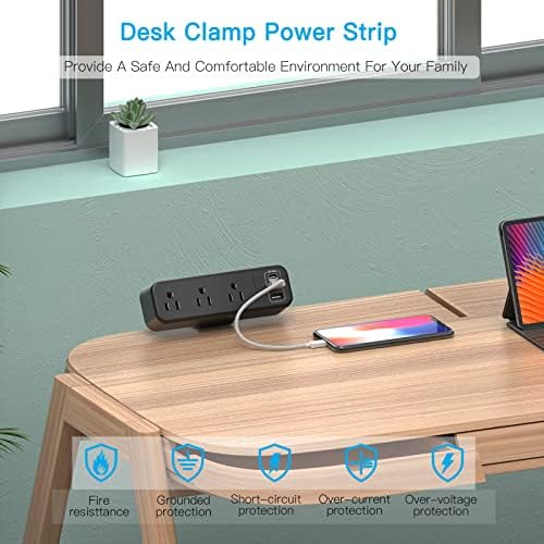 Premium Desk Clamp Power Strip with USB C – 3 Outlet Extension Cord for Streamlined Workspaces, 6.5 ft Thin Cable, Space-Saving Flat Plug Design for Easy Mounting on 1.6 inch Desktops – Fast Charge Capability for Modern Devices