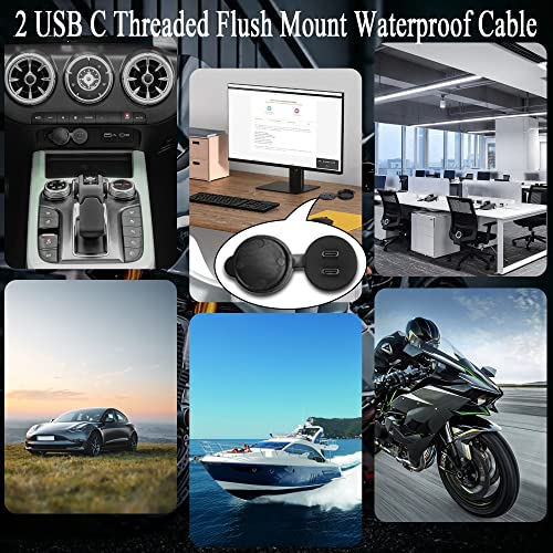 QIANRENON Waterproof Dual USB C 2.0 Threaded Flush Mount Extension Cable – 1 m (3.3 ft) Male to Female Connector for Cars, Boats, Trucks, and Motorcycles – Reliable Charging and Data Transfer Solution for Outdoor Adventures