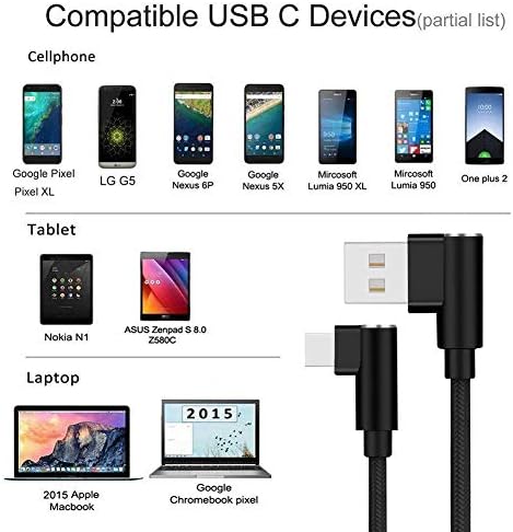 90-Degree Right Angle USB C Cable – Braided Type C Cord for Fast Charging & Data Transfer – Compatible with Galaxy S10, S20, Note10, LG Stylo 4, Moto Z2 & More – Versatile 3 FT, 6 FT, 10 FT Lengths – Durable & Tangle-Free Solution for Gaming & Streaming – Enhance Port Longevity & Convenience