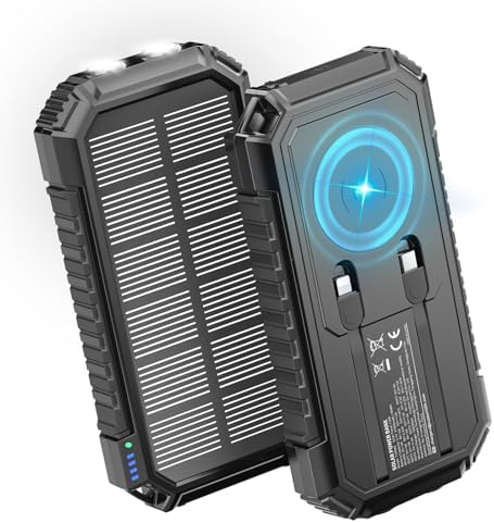 Riapow 27,000 m Ah Solar Power Bank – Ultra-Fast 22.5 W Wireless Charger with Built-in Cables for 6 Devices, Ideal for Outdoor Adventures and Emergency Power Needs – Charge i Phone 16 to 65% in 30 Minutes with High-Capacity Battery and Efficient PD 3.0 Technology – Stay Connected Anywhere, Anytime