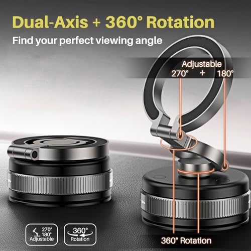 360° Rotation Vacuum Magnetic Phone Holder for Car, Strong Magnetic Suction Cup Phone Mount, Dual-Axis Adjustable Arm Phone Stand for iPhones 12-16 Series & All Smartphones – Enhanced Compatibility and Speed