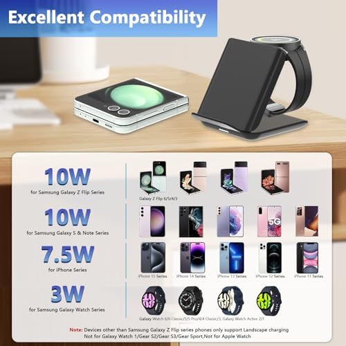 Portable 2-in-1 Fast Charging Station for Samsung Galaxy Z Flip Series – Foldable Wireless Charger with Enhanced Compatibility for Galaxy S, Note, and Watch – Ideal Travel Companion with Adapter Included – Sleek Black Design for Effortless Power on the Go