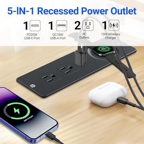 Recessed Power Strip with 15 W Wireless Charging & PD20 W USB-C Fast Charge – Sleek Flush Mount Design for Nightstands, Sofas, and Tables – Maximize Space and Efficiency with Dual Outlets and USB Ports for Ultimate Convenience