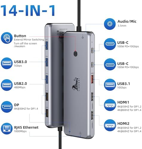 Revolutionize Your Workspace with the Ultimate 13-in-1 USB C Docking Station – Dual Monitor Multiport Adapter for Seamless Triple Display, Featuring 2 HDMI, Display Port, 8 USB Ports, Gigabit Ethernet, and Audio Output – Perfect for Mac Book, Dell, HP, Lenovo Think Pad, and Surface – Unmatched Performance and Connectivity for Enhanced Productivity