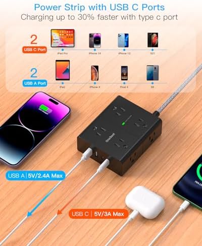 Versatile Surge Protector Power Strip with 8 AC Outlets & 4 USB Ports (2 USB-C), 6 Ft Flat Plug Extension Cord, 1080 Joules Safety Rating, Wall Mountable Charging Station for Home, Office, and Dorm – Streamlined Device Management & Fast Charging Enhanced
