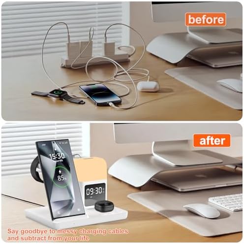 Ultimate 6-in-1 Wireless Charging Station for Samsung & Android: Fast Charger with Alarm Clock & Night Light for Galaxy S25 Ultra, S24, S23, and Samsung Watch7 – Space-Saving Design, Enhanced Compatibility, and Sleek Black Finish for Modern Living