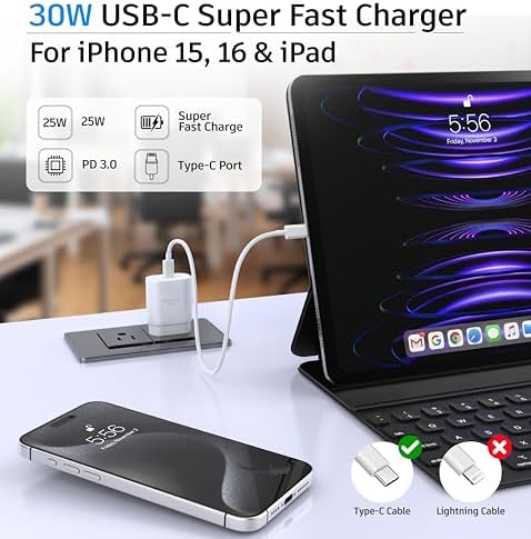 30 W Ultra-Fast USB-C Dual Pack Charger for i Phone 15 & 16 – Includes 6.6 ft & 10 ft Cables – Versatile Compatibility with i Pad Pro and Galaxy S Series – Perfect for Active Lifestyles and Quick Power Solutions