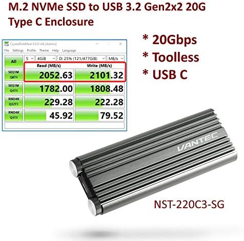 Transform Your M.2 NVMe SSD into a Lightning-Fast External Drive with the Vantec NST-220 C3-SG USB 3.2 Gen2 x2 20 G Type C Enclosure – Ideal for Professionals and Casual Users Alike, Featuring Tool-Free Setup, Durable Aluminum Design, and Unmatched 20 Gbps Speed for Seamless Data Transfers and Efficient File Management on the Go