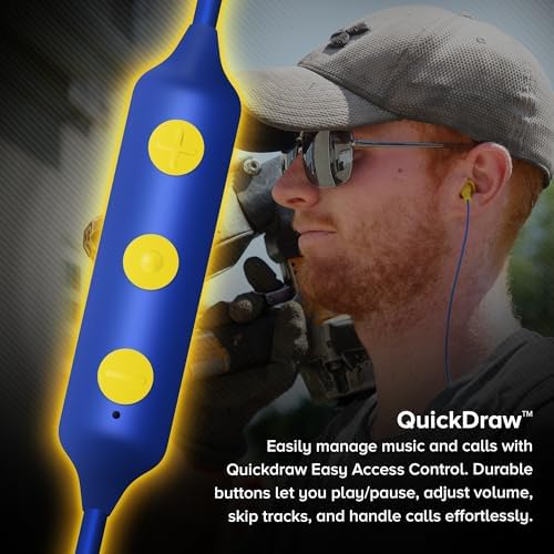 Plugfones Basic Pro Wireless Bluetooth Earplug Headphones – OSHA Compliant Noise Reduction Earbuds with 25 d B Protection, Noise Isolating Mic, and Stylish Blue & Yellow Design for Enhanced Comfort and Audio Performance