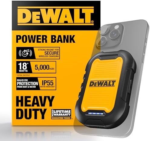 DEWALT Rugged Magnetic Power Bank 5,000 m Ah – Fast Wireless Charger with 18 W Output, Water-Resistant Design, USB-C to USB Adapter Included for i Phone 16/15/14 Compatibility – Ultimate On-the-Go Power Solution for Outdoor Enthusiasts and Tech Users DEWALT Rugged Magnetic Power Bank 5,000 m Ah – Fast Wireless Charger with 18 W Output, Water-Resistant Design, USB-C to USB Adapter Included for i Phone 16/15/14 Compatibility – Ultimate On-the-Go Power Solution for Outdoor Enthusiasts and Tech Users