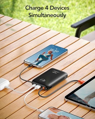 High-Capacity 20000 m Ah Portable Charger with Built-in Cables – 30 W Fast Charging Power Bank Featuring LED Display for i Phone, Samsung, i Pad & Android Devices – Ideal Travel Companion for On-the-Go Charging Solutions