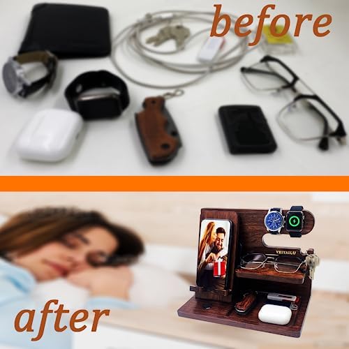 Gifts for Dad Men Mom Women from Daughter Son Birthday Gifts Nightstand Organizer Mens Wood Phone Docking Station (Black) – Enhanced Compatibility and Speed