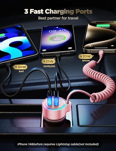High-Speed USB C 72 W Car Charger for i Phone 16 Pro Max Plus & Multi-Device Compatibility – Rapid PD & QC3.0 Charging with 5 ft 36 W Type C Coiled Cable for Samsung Galaxy S24/S23/S22, Pixel, Moto, LG, and More – Ultimate Travel Accessory for Uninterrupted Power on the Go