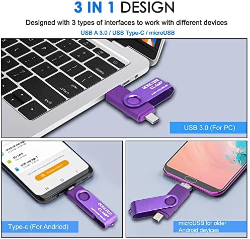 Borlter Clamp 64 GB 3-in-1 USB 3.0 Flash Drive: Versatile OTG Memory Stick with USB C, Micro USB, and USB A Ports for High-Speed Data Transfer Across Android Phones, Tablets, and PCs – Perfect for Samsung Galaxy and LG Users, Compact Storage Solution for Photos and Files