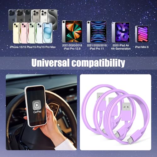 6 FT USB A to USB C Carplay Charging Cable – 3-Pack for i Phone 15/16, i Pad Pro/Air/Mini, Samsung Galaxy S25/S24/S23, and Mac Book – Fast Charging & High-Speed Data Transfer for Enhanced Compatibility on the Go
