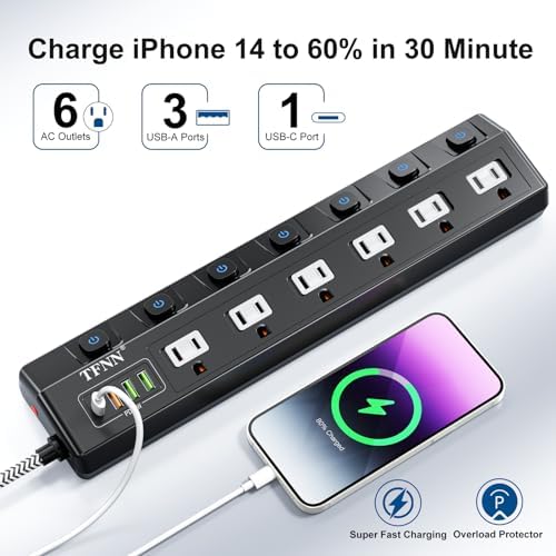 Ultimate Wall-Mounted Power Strip with USB Ports: 5 FT Extension Cord Featuring 6 Individually Switchable Outlets, 4 USB Charging Ports (1 USB-C PD 20 W & 3 USB-A QC 20 W), 70 W Total Capacity, Overload Protection for Enhanced Safety and Versatility