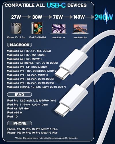 High-Performance USB C to USB C 240 W Fast Charging Cable – 2-Pack 10 ft Length for Mac Book Pro, i Phone 16/15 Pro Max, i Pad Air/Pro & Samsung Galaxy – Ultimate Speed and Compatibility for Enhanced Device Efficiency