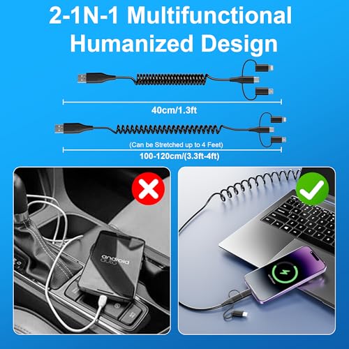 Versatile Coiled USB to USB-C & Lightning Cable Combo for i Phone and Android – MFi Certified Fast Charge & Data Sync up to 3 A – Tangle-Free Design for Apple Car Play & Android Auto Compatibility – Durable, High-Quality Charging Solution for Seamless Connectivity on the Go