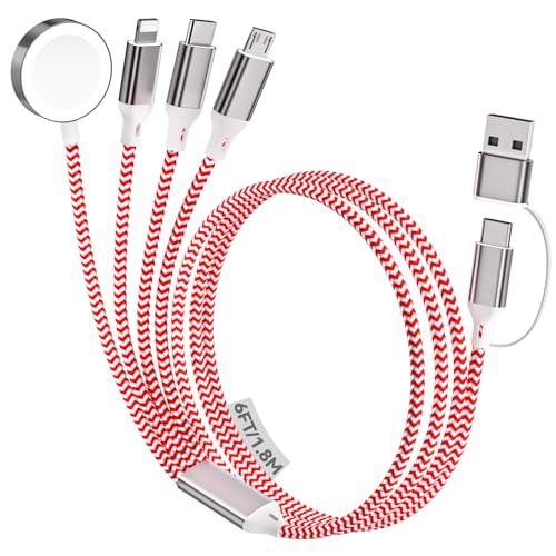 Ultimate 6 FT Multi-Device Charging Cable: Fast Nylon-Braided i Watch and Smartphone Charger Compatible with i Phone, i Pad, Galaxy, and More – Durable, Tangle-Free Solution for Ultra, SE, and All i Watch Models – Streamline Your Charging with Versatile 4-in-2 Connectivity