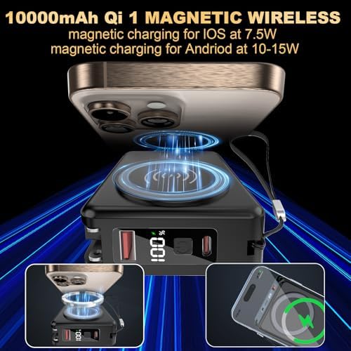 10000 m Ah Mag Safe-Compatible Portable Charger Power Bank – 22.5 W Fast Charging Travel Essential with Built-in USB-C & Lightning Cables – 5-in-1 Wireless Charging Solution for i Phone, Android, and Samsung Devices