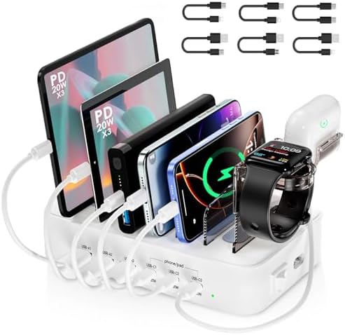 Ultimate 90 W Multi-Device Charging Station – 6-Port Organizer with 3 PD 20 W USB-C Fast Charge Capability for i Phones, i Pads, Tablets, Kindles, and More – Includes 6 Versatile Cables, Air Pods and Apple Watch Holders – Streamlined Design for Enhanced Efficiency and Space Management