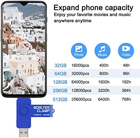 128 GB USB Type-C Flash Drive by Borlter Clamp – Dual Port Memory Stick for Fast Data Transfer with USB 3.0 Compatibility for Android Smartphones, Tablets, and Computers – Perfect for Samsung Galaxy S10/S9/Note 9, LG, and Huawei Devices – Reliable Storage Solution for Photos, Videos, and Documents