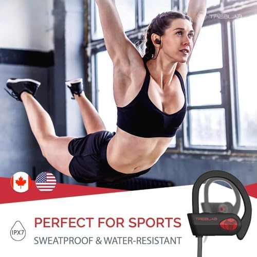 TREBLAB XR500 Waterproof Bluetooth Earbuds – Noise Cancelling Sport Headphones for Running and Workouts, Secure Fit, IPX7 Rated, Wireless Connectivity, Built-In Mic for Hands-Free Calls, Compatible with All Devices