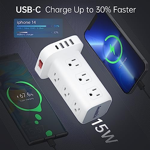 Elevate Your Charging Efficiency with the 12-Outlet Tower Surge Protector Power Strip – 6.5 Feet Extension Cord, 4 USB Ports Including USB-C, Compact Charging Station for Office and Home, Enhanced Surge Protection for Ultimate Device Safety