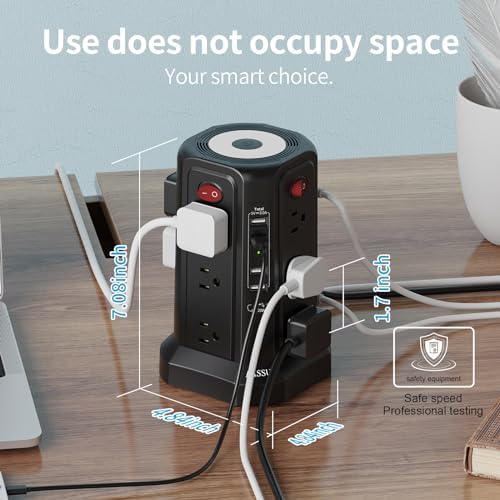 PASSUS Surge Protector Power Strip Tower with 12 AC Outlets and 5 High-Speed USB Ports – 10 FT Extension Cord with Overload Protection and Built-In Night Light for Home Office and Dorm Room – Sleek Black Design for Ultimate Charging Efficiency
