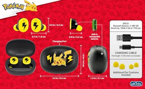 Pokémon-Themed Kids Bluetooth Earbuds with Microphone – Ultra-Lightweight Design for School, Travel, and Home Use – Portable Charging Case with Enhanced Device Compatibility for Seamless Audio Experiences