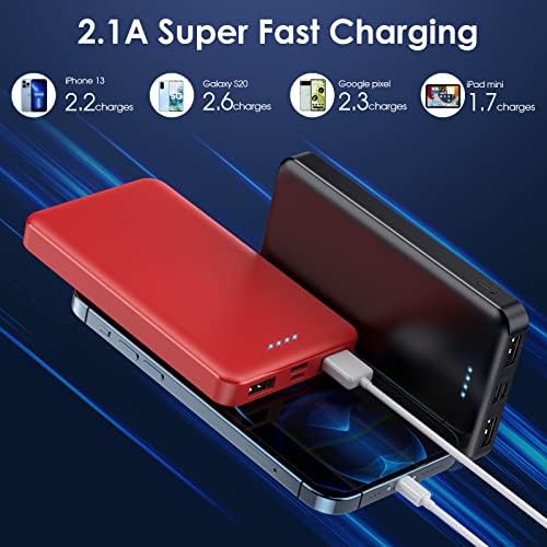 Ultra-Slim 10000 m Ah Portable Power Bank – Dual USB Outputs & USB-C Input, Compact External Charger for i Phone 12/13, Samsung S20, Tablets – Stylish Black and Red Design for Maximum Portability and Enhanced Device Compatibility