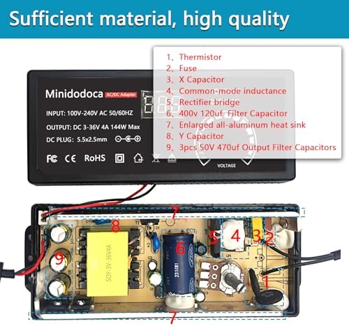 Universal 72 W Adjustable AC/DC Power Supply with LED Voltage Display – Minidodoca 3 V-24 V Adapter for Efficient Household Electronics Charging – 3000 m A Output with 16 Interchangeable Tips for Maximum Compatibility and Convenience
