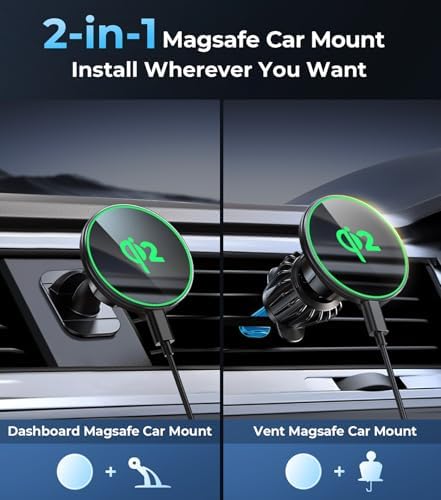 Revolutionary Qi2 Mag Safe Car Mount for i Phone 16 Pro Max – 2-in-1 Dashboard & Air Vent Holder with Strong Adhesive, Heat-Resistant Design, 360° Rotational Capability & Magnetic Convenience for Enhanced Driving Safety and Seamless Access to Navigation & Music
