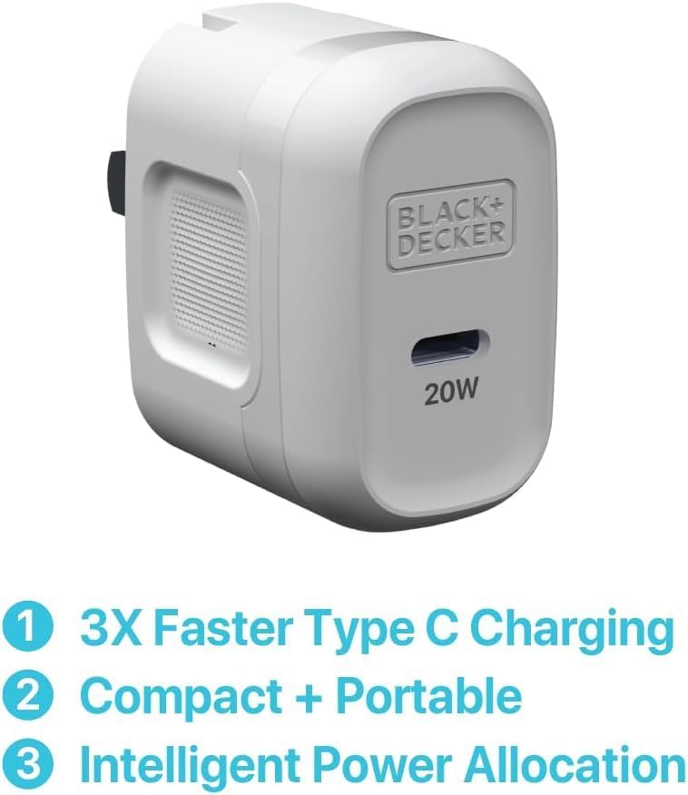 BLACK+DECKER Ga N PD 20 W USB-C Wall Charger – High-Efficiency Fast Charging Block for i Phone 16/15 & Universal USB-C Devices – Perfect for Home, Office, and On-the-Go with Advanced Safety Mechanisms